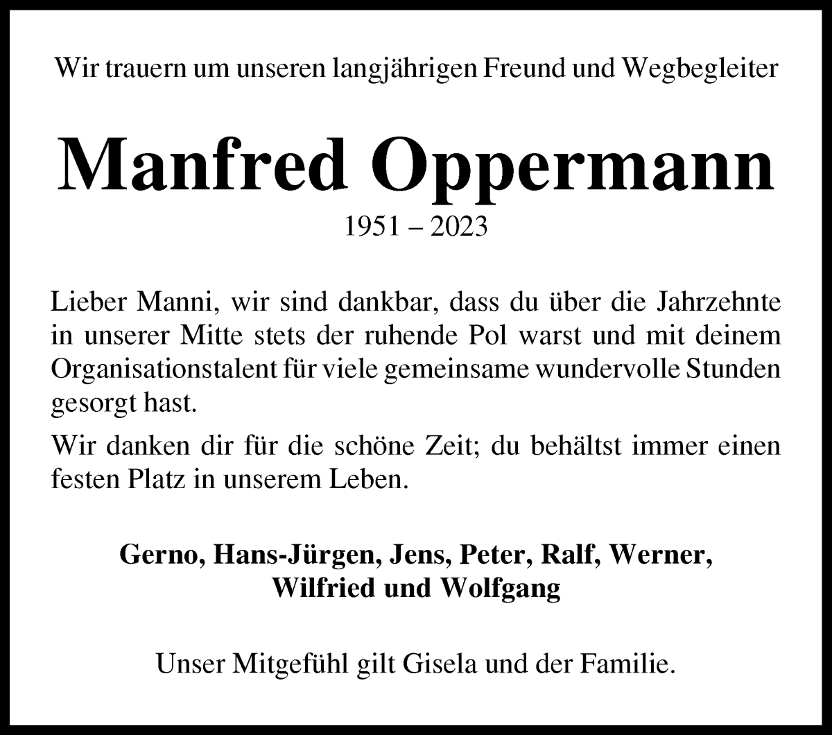 Traueranzeige von Manfred Oppermann von WESER-KURIER