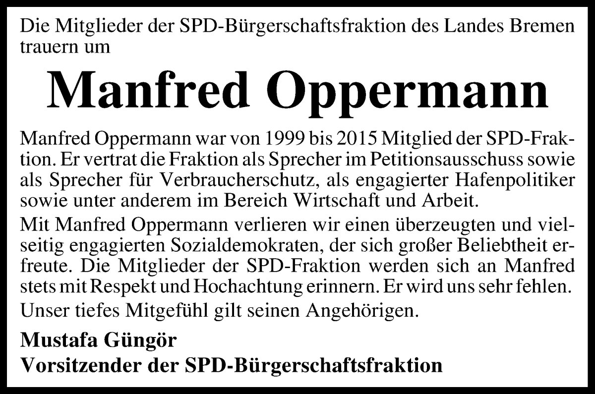 Traueranzeige von Manfred Oppermann von WESER-KURIER
