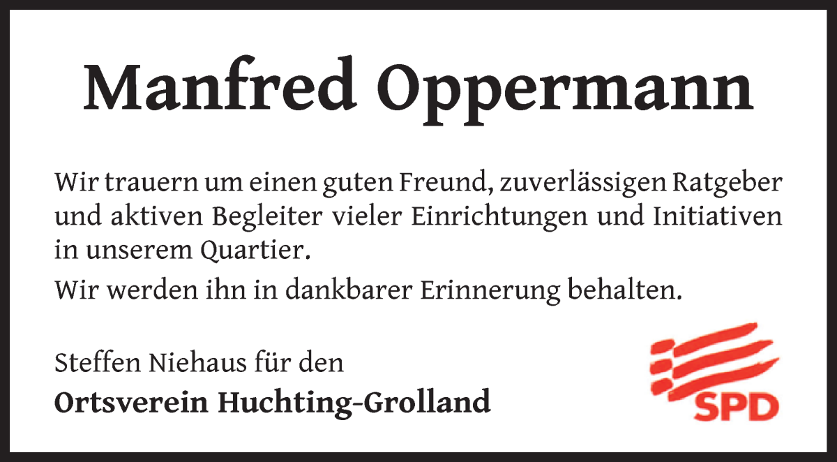 Traueranzeige von Manfred Oppermann von WESER-KURIER