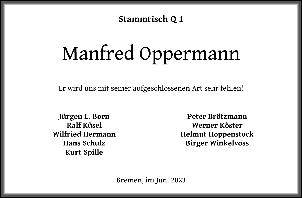 Traueranzeige von Manfred Oppermann von WESER-KURIER