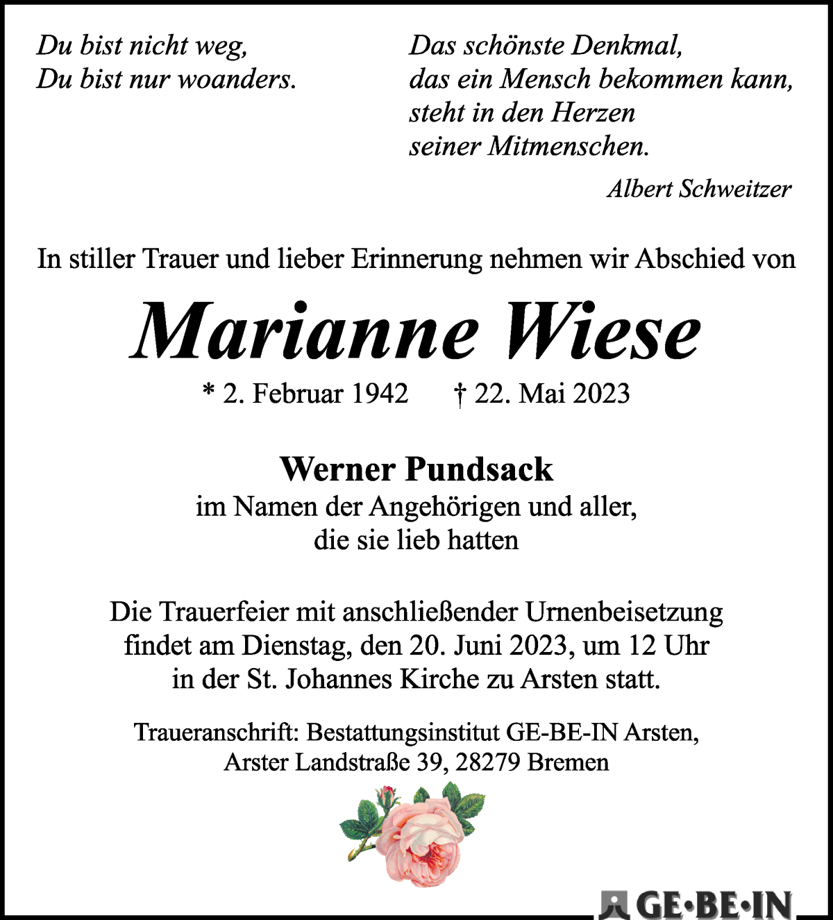 Traueranzeige von Marianne Wiese von WESER-KURIER