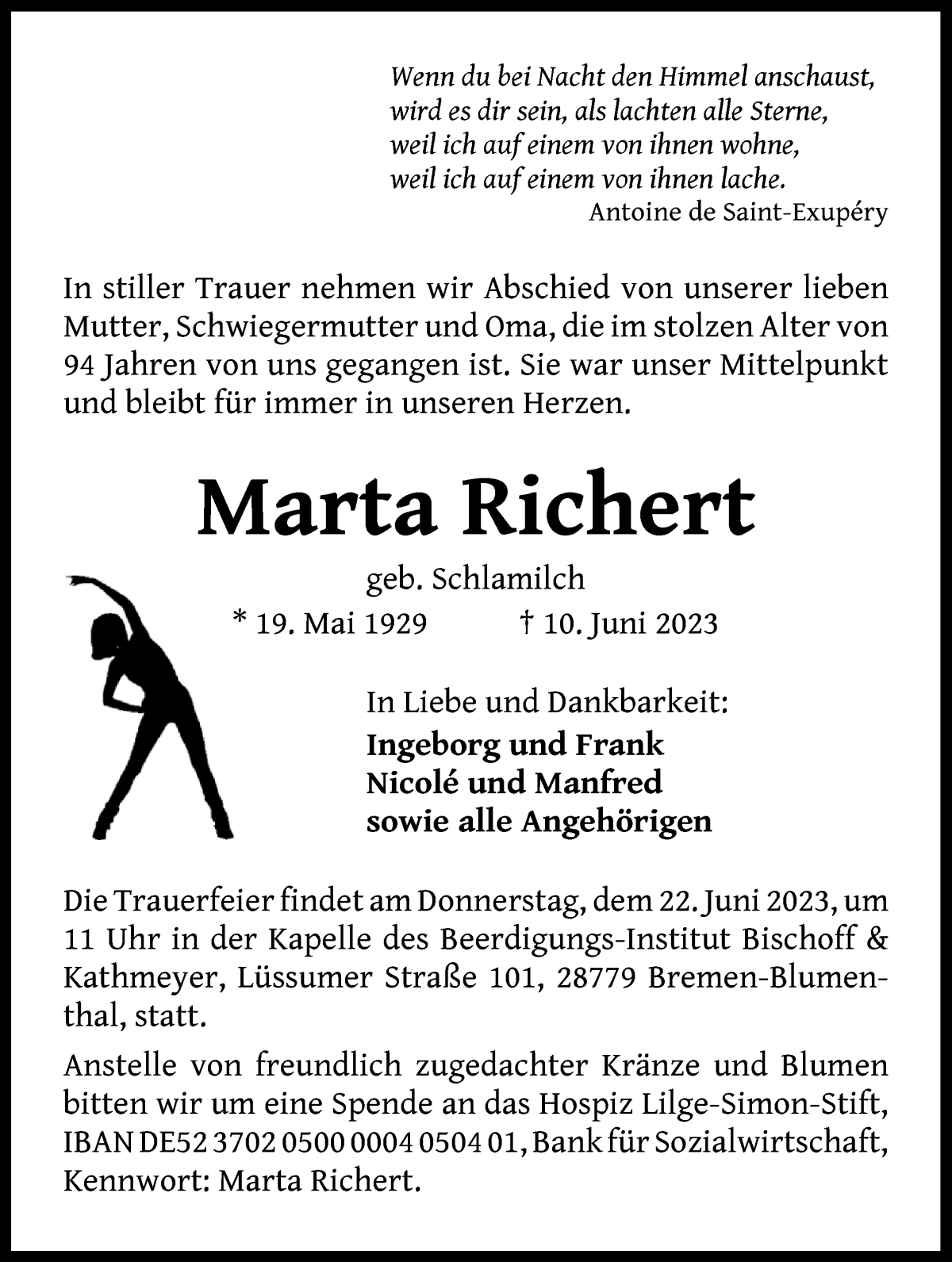 Traueranzeige von Marta Richert von Die Norddeutsche