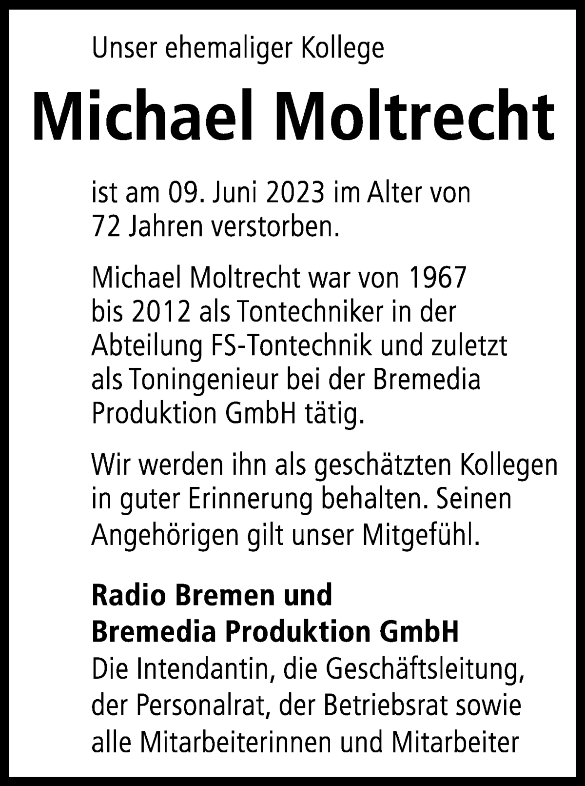 Traueranzeige von Michael Moltrecht von WESER-KURIER