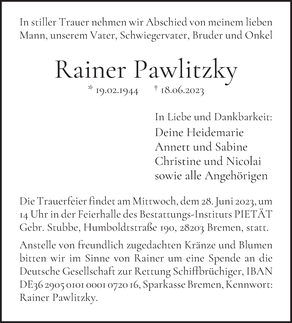 Traueranzeige von Rainer Pawlitzky von WESER-KURIER