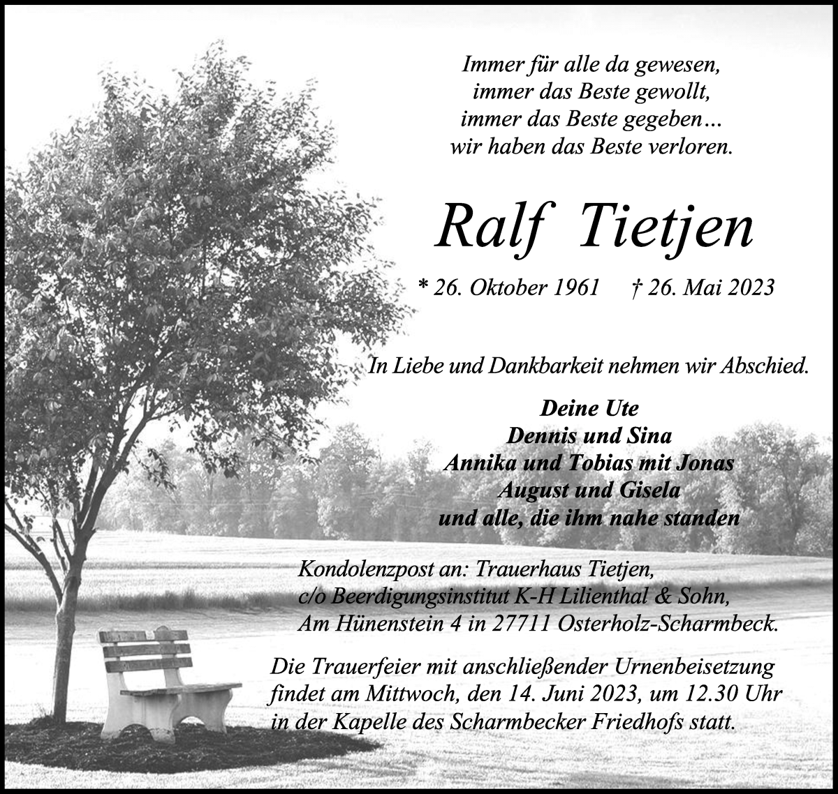 Traueranzeige von Ralf Tietjen von Osterholzer Kreisblatt