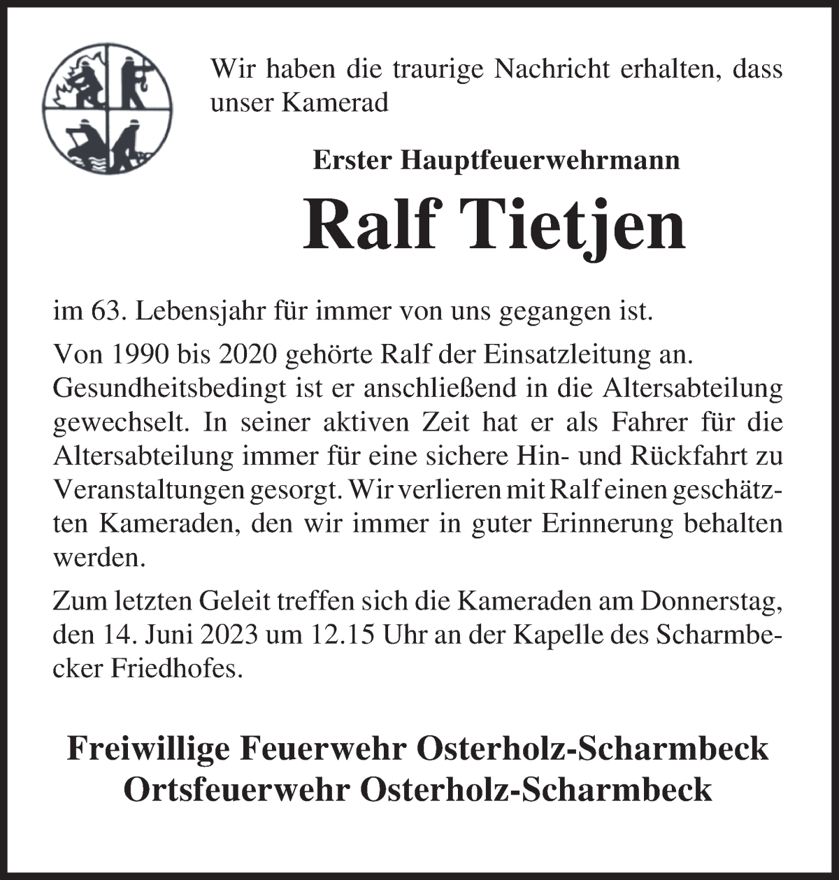 Traueranzeige von Ralf Tietjen von Osterholzer Kreisblatt