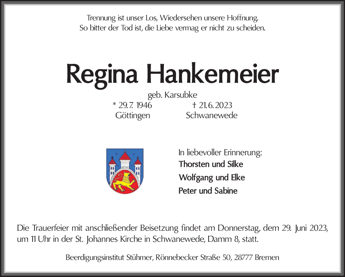 Traueranzeige von Regina Hankemeier von Die Norddeutsche