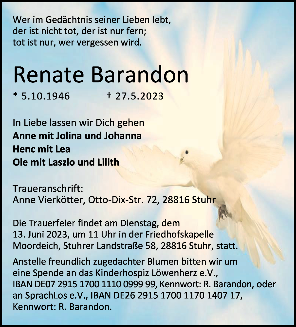 Traueranzeige von Renate Barandon von WESER-KURIER
