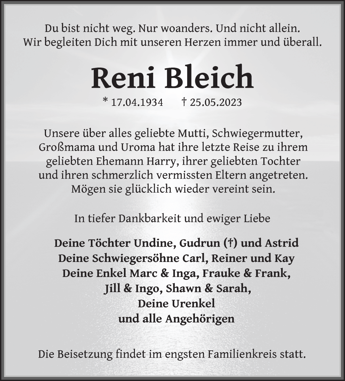 Traueranzeige von Renate Bleich von WESER-KURIER