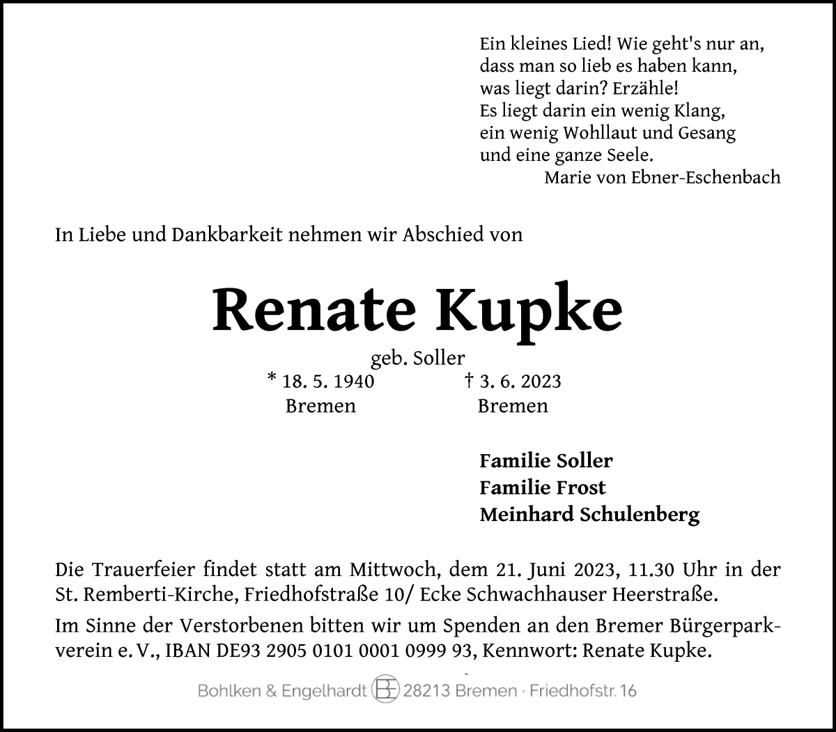 Traueranzeige von Renate Kupke von WESER-KURIER