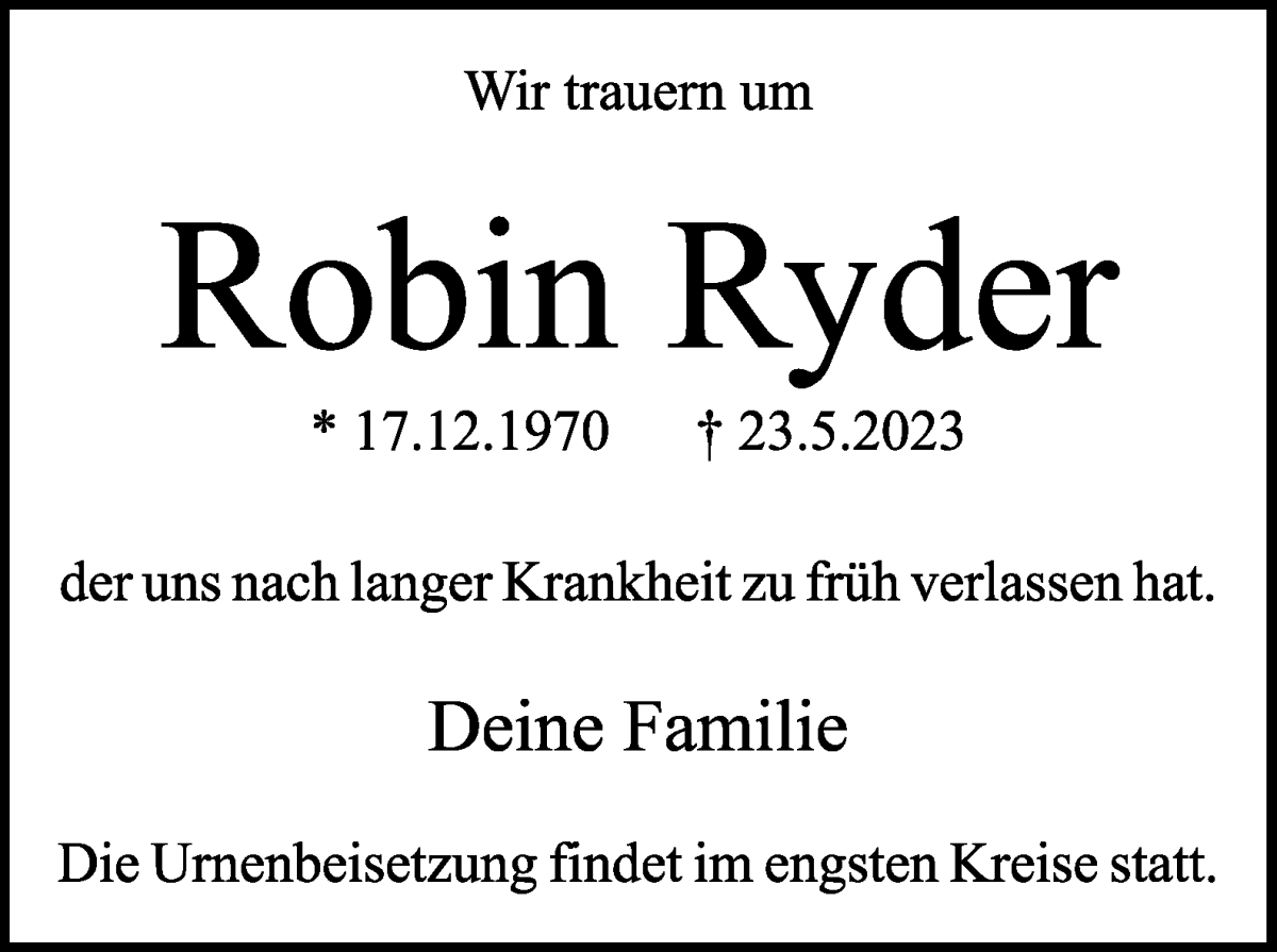 Traueranzeige von Robin Ryder von WESER-KURIER
