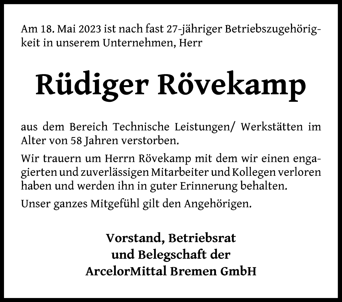 Traueranzeige von Rüdiger Rövekamp von WESER-KURIER