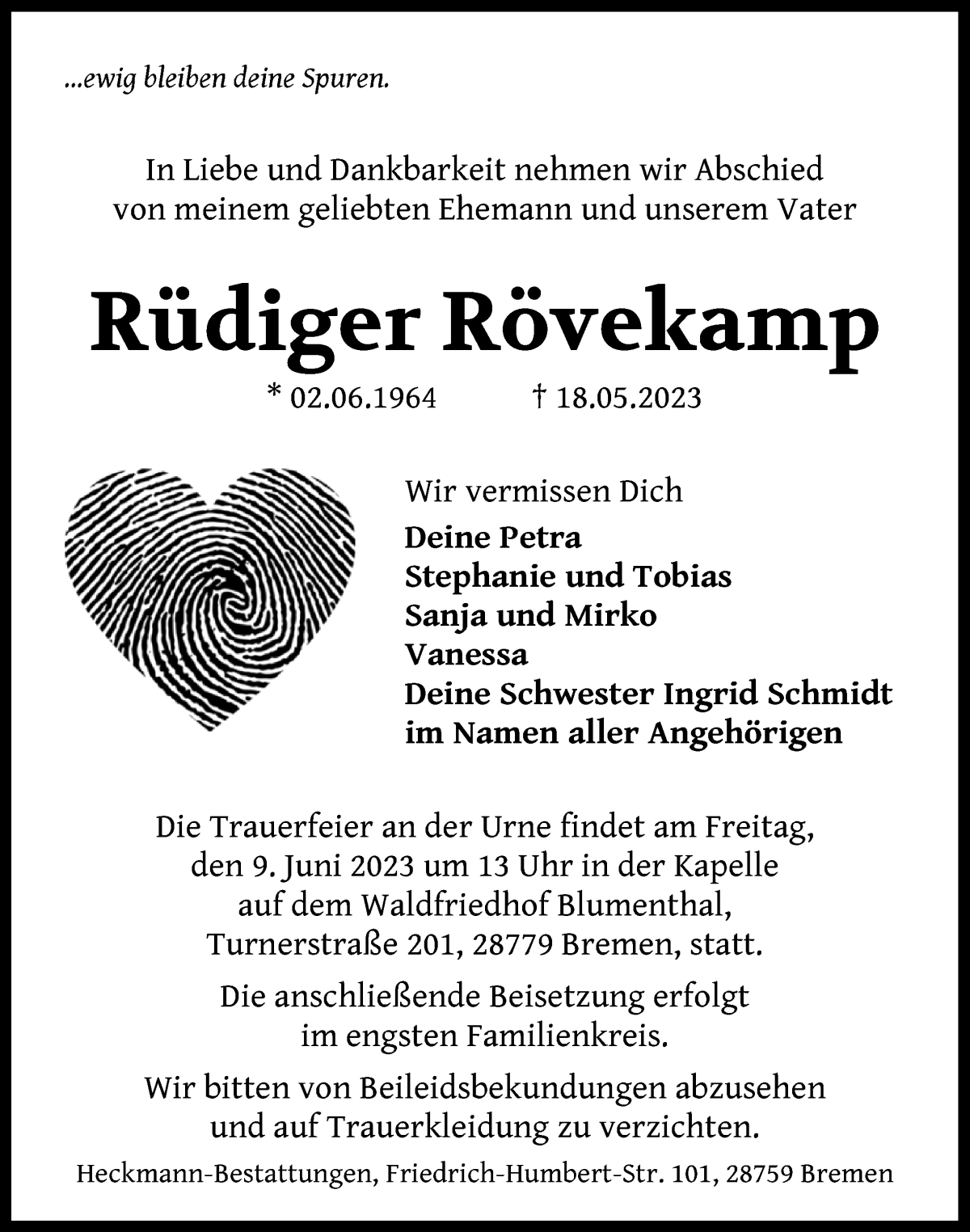 Traueranzeige von Rüdiger Rövekamp von Die Norddeutsche