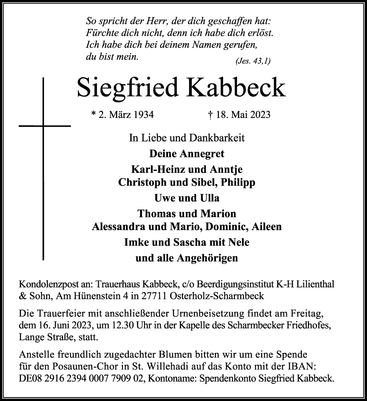 Traueranzeige von Siegfried Kabbeck von Osterholzer Kreisblatt