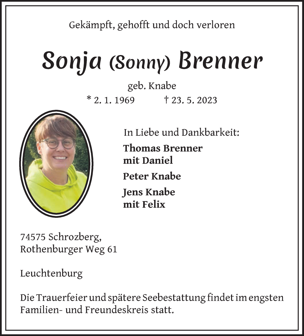 Traueranzeige von Sonja (Sonny) Brenner von Die Norddeutsche
