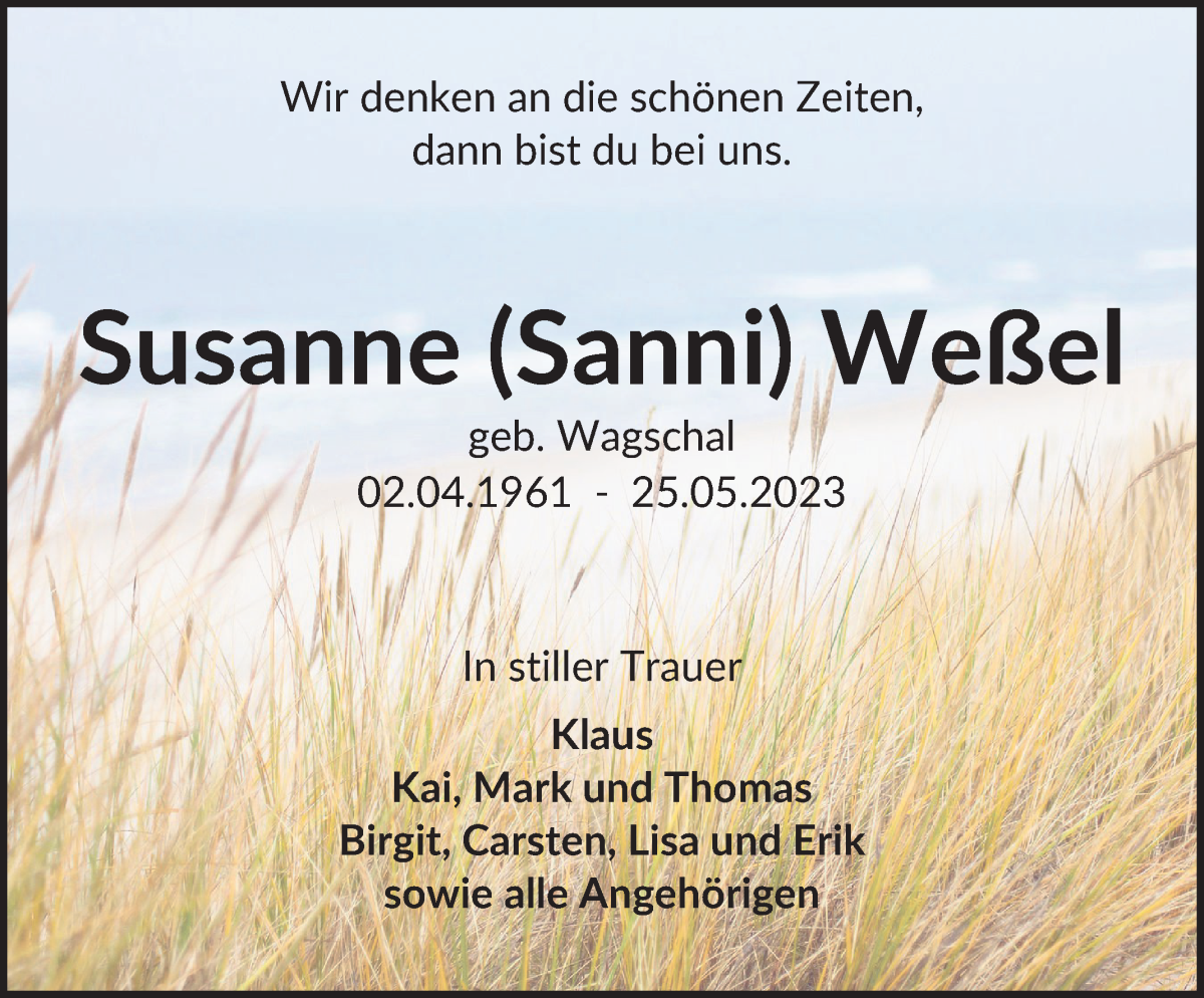 Traueranzeige von Susanne Weßel von WESER-KURIER