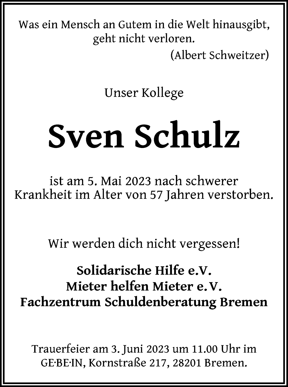 Traueranzeige von Sven Schulz von WESER-KURIER