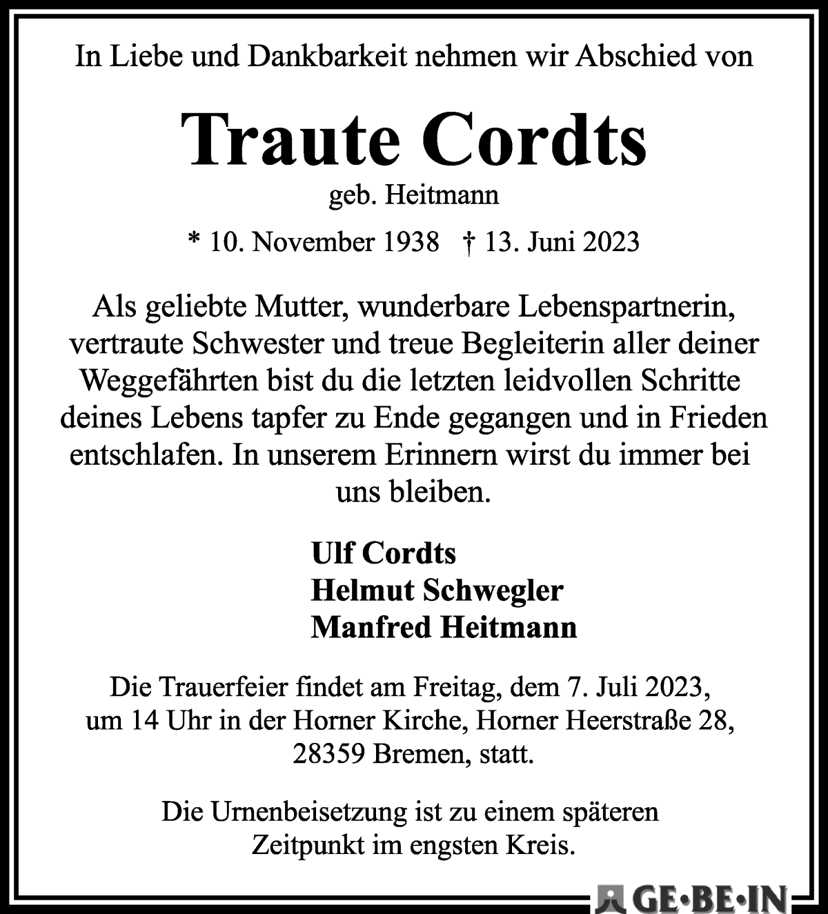 Traueranzeige von Traute Cordts von WESER-KURIER
