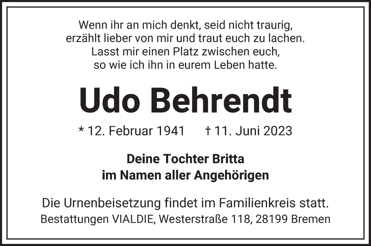 Traueranzeige von Udo Behrendt von WESER-KURIER