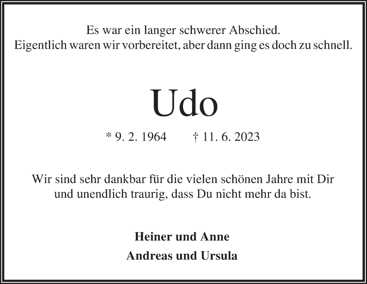 Traueranzeige von Udo Goldau von Osterholzer Kreisblatt