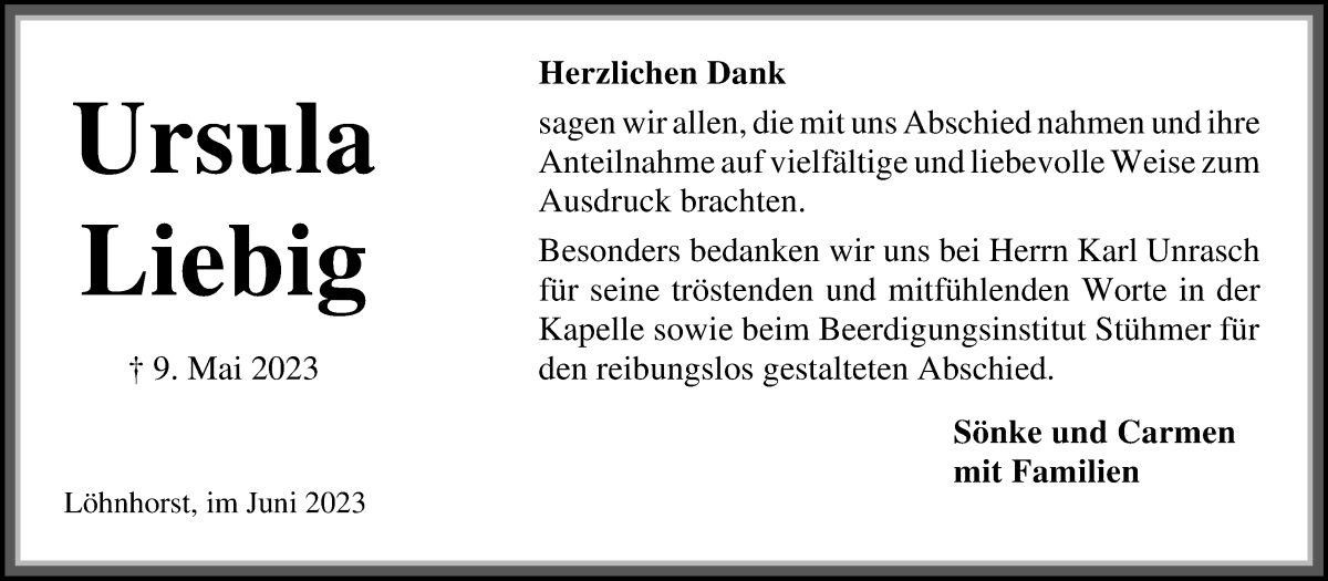 Traueranzeige von Ursula Liebig von Die Norddeutsche