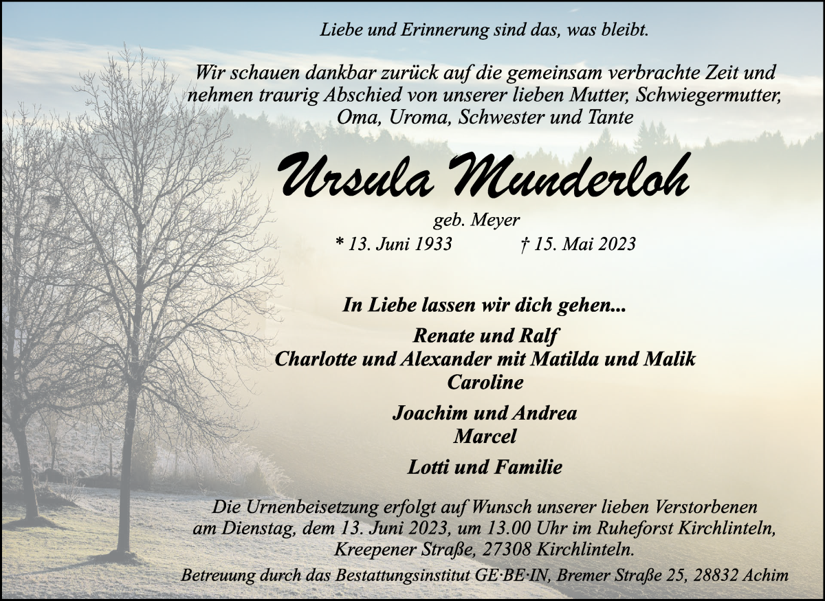 Traueranzeige von Ursula Munderloh von Achimer Kurier/Verdener Nachrichten