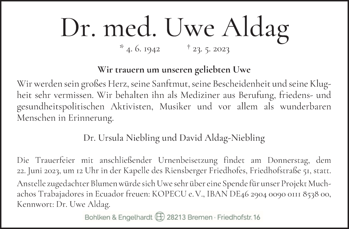 Traueranzeige von Uwe Aldag von WESER-KURIER