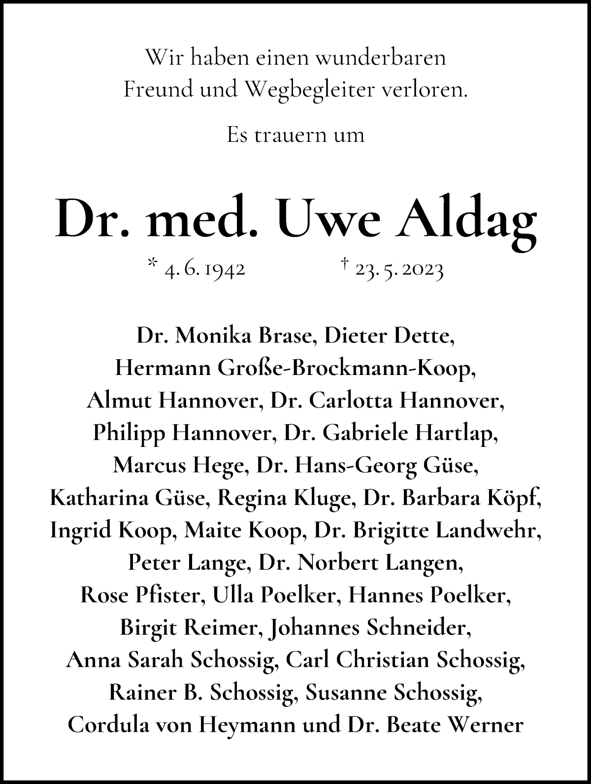 Traueranzeige von Uwe Aldag von WESER-KURIER