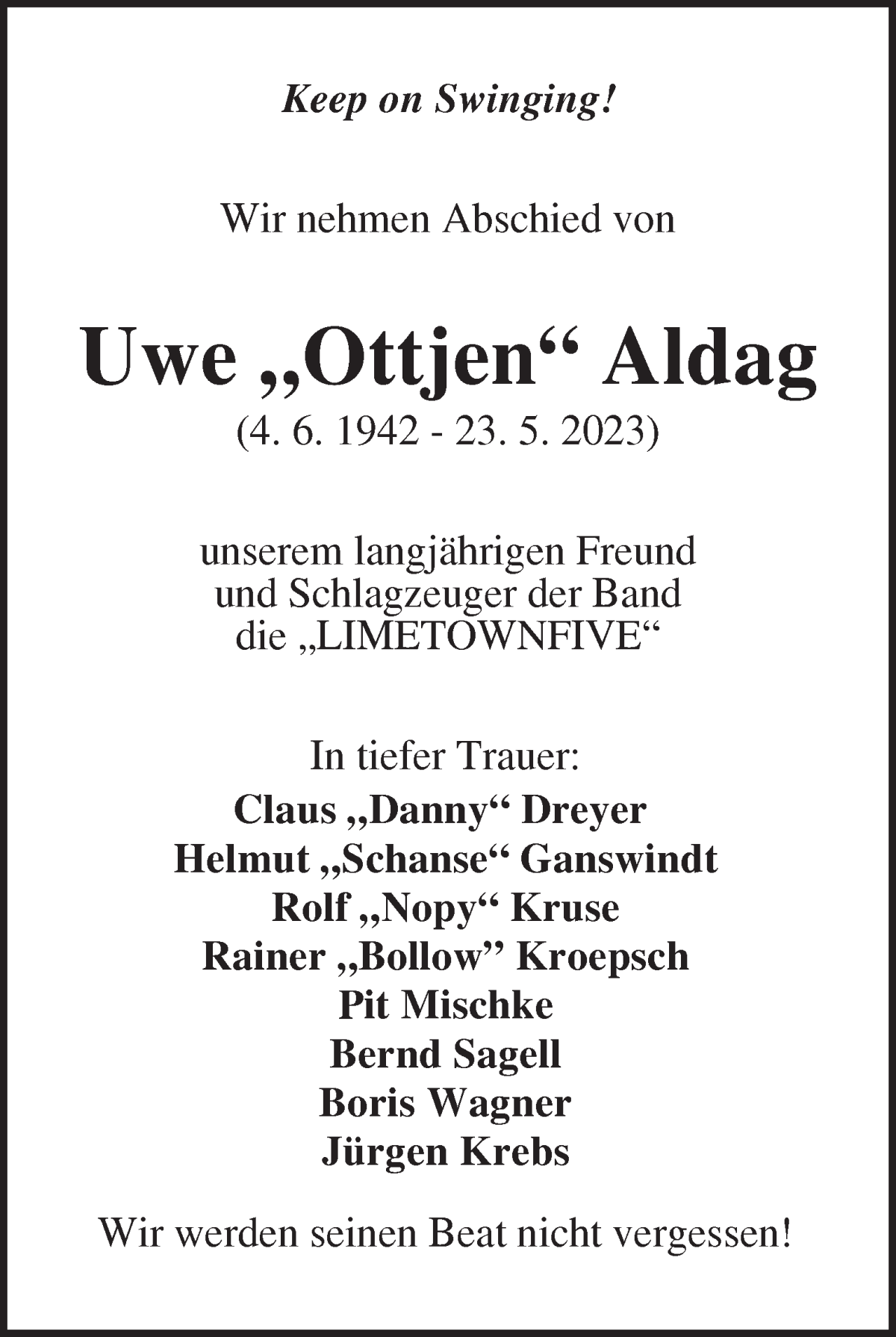 Traueranzeige von Uwe Aldag von WESER-KURIER