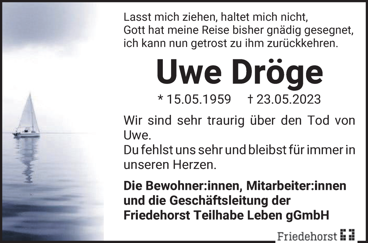 Traueranzeige von Uwe Dröge von WESER-KURIER
