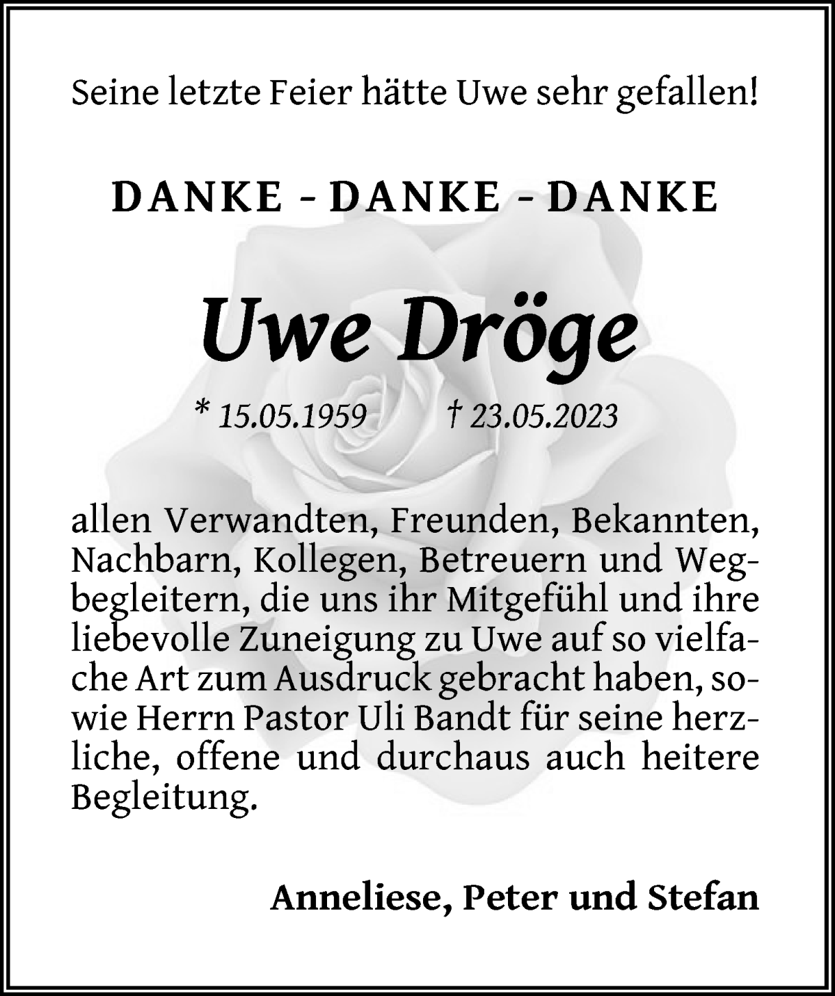 Traueranzeige von Uwe Dröge von WESER-KURIER