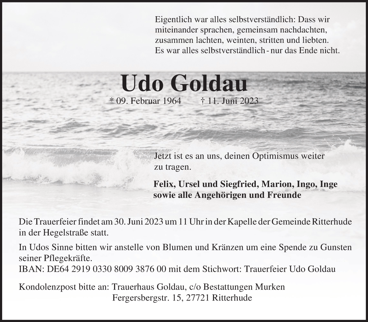 Traueranzeige von Uwe Goldau von WESER-KURIER