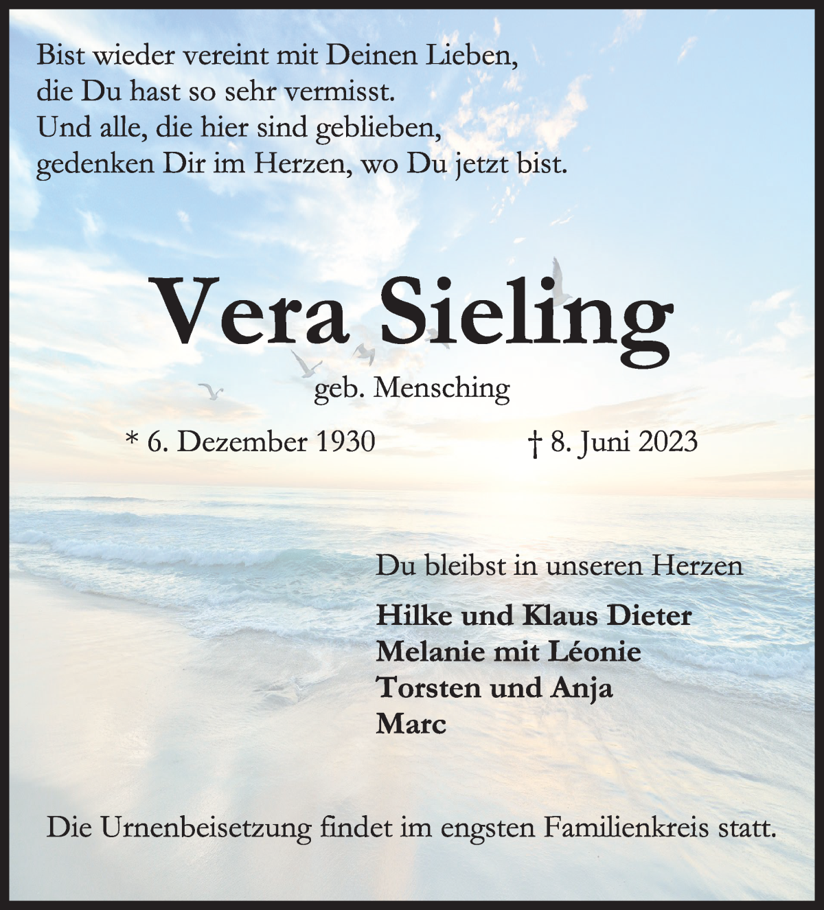 Traueranzeige von Vera Sieling von WESER-KURIER