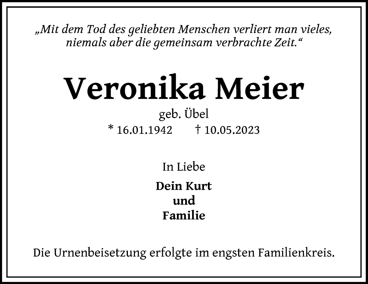 Traueranzeige von Veronika Meier von WESER-KURIER