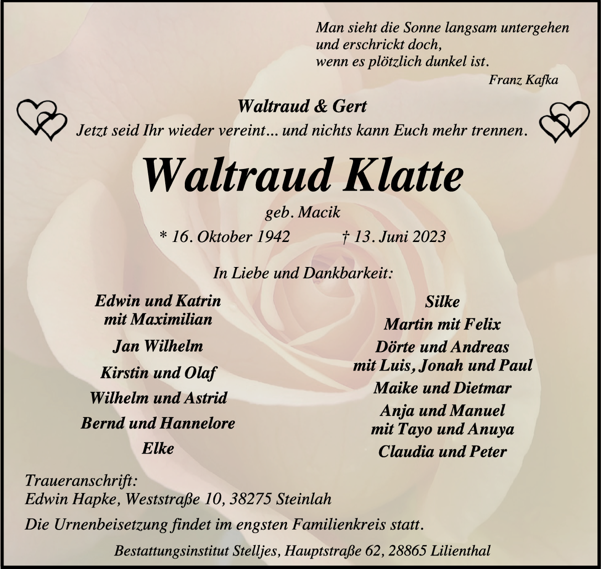 Traueranzeige von Waltraud Klatte von Wuemme Zeitung