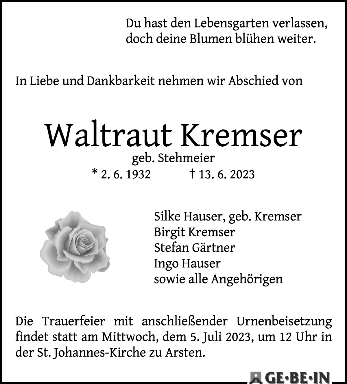 Traueranzeige von Waltraut Kremser von WESER-KURIER