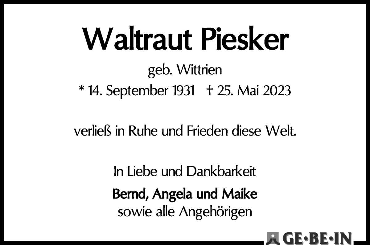 Traueranzeige von Waltraut Piesker von WESER-KURIER