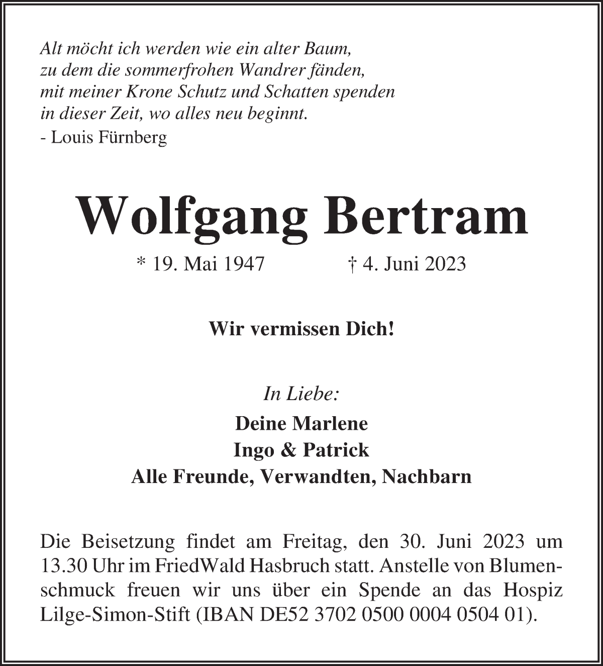 Traueranzeige von Wolfgang Bertram von WESER-KURIER