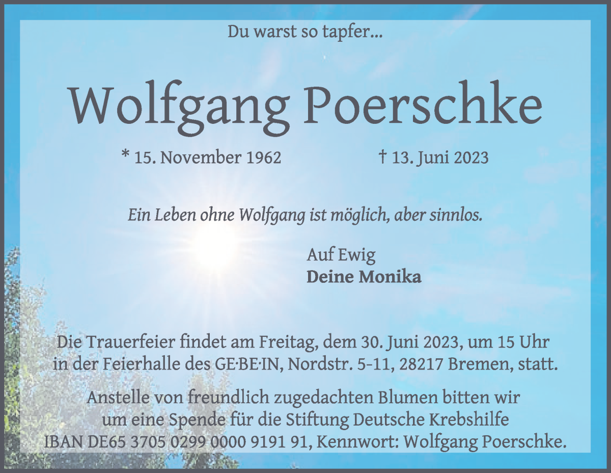 Traueranzeige von Wolfgang Poerschke von WESER-KURIER