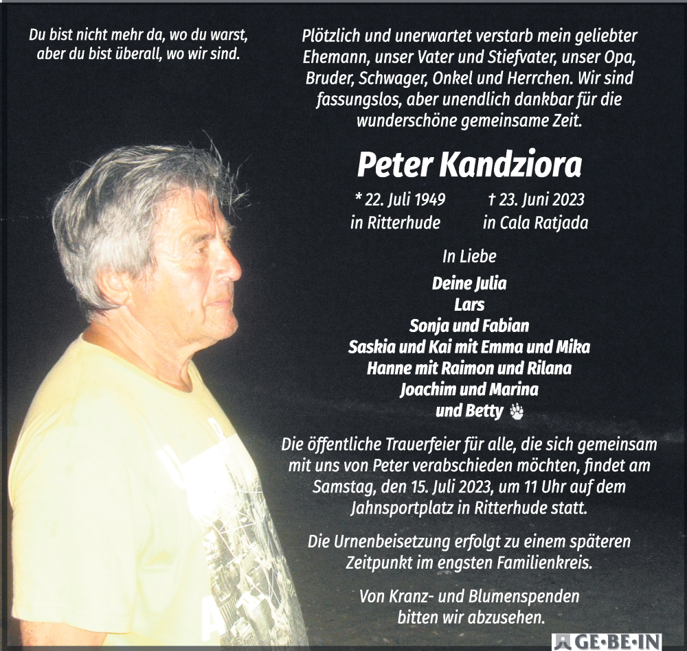 Traueranzeige von Peter Kandziora von Osterholzer Kreisblatt