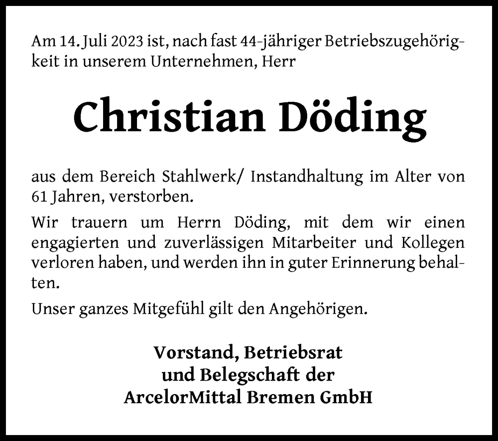 Traueranzeige von Christian Döding von WESER-KURIER Gesamtausgabe