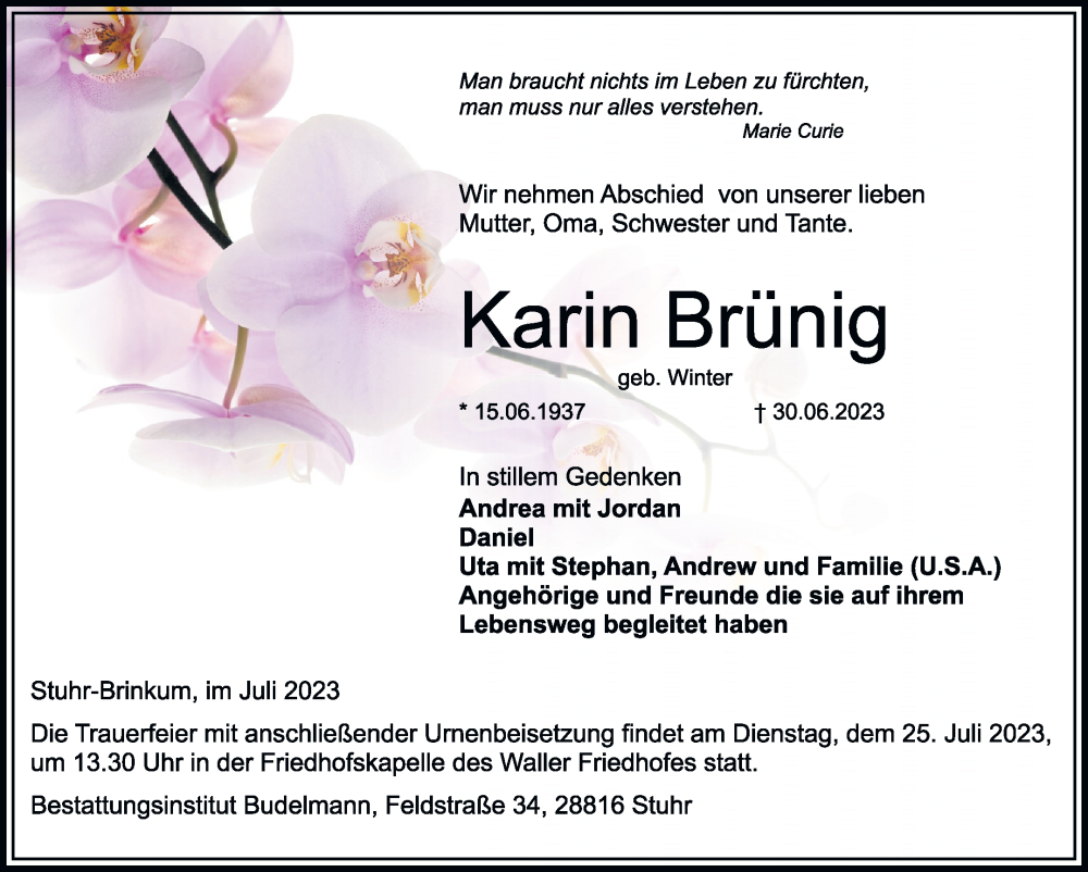 Traueranzeige von Karin Brünig 