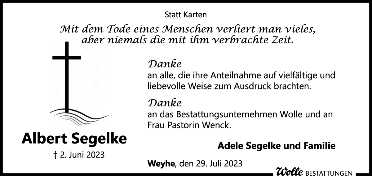 Traueranzeige von Albert Segelke von WESER-KURIER