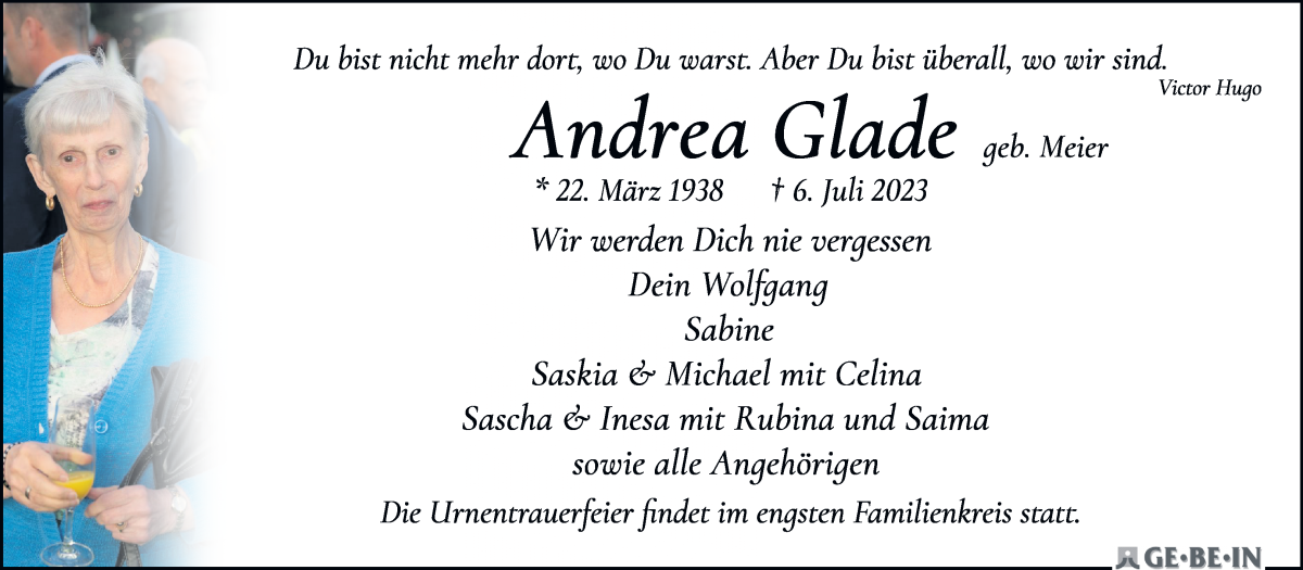 Traueranzeige von Andrea Glade von WESER-KURIER