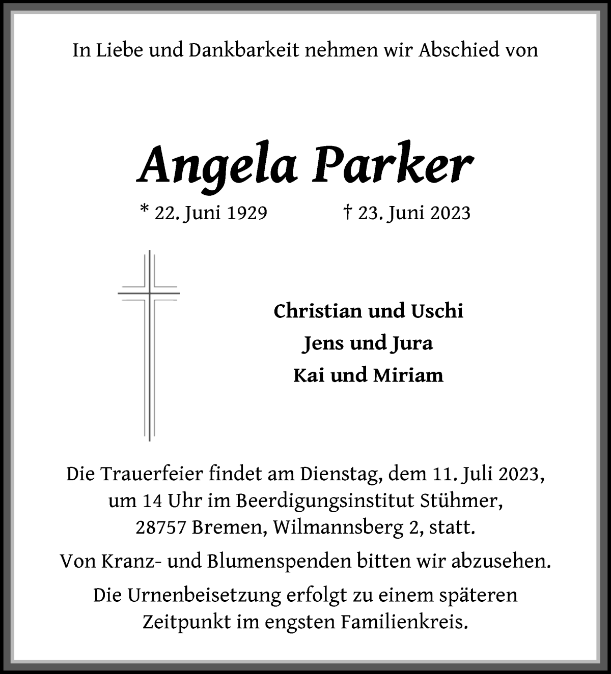 Traueranzeige von Angela Parker von Die Norddeutsche