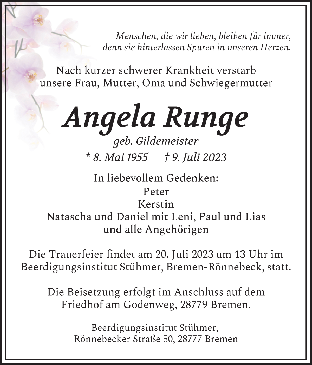 Traueranzeige von Angela Runge von WESER-KURIER
