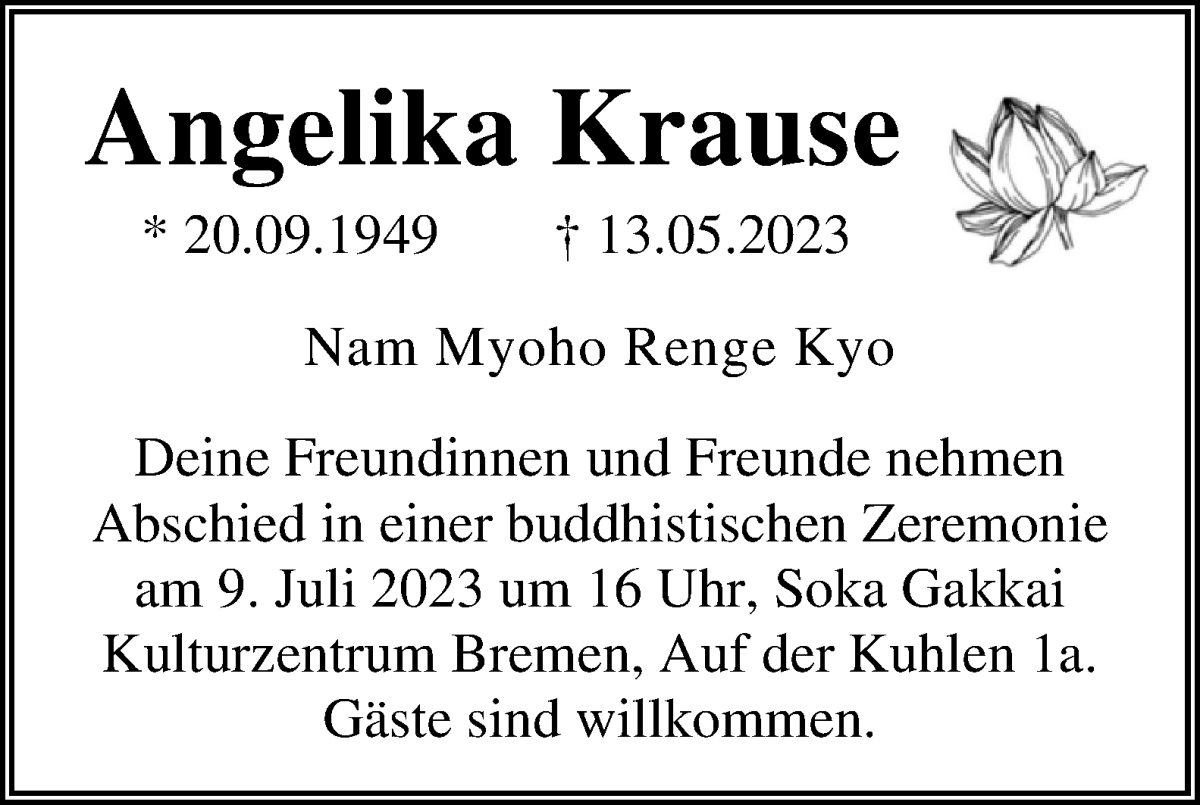 Traueranzeige von Angelika Krause von WESER-KURIER