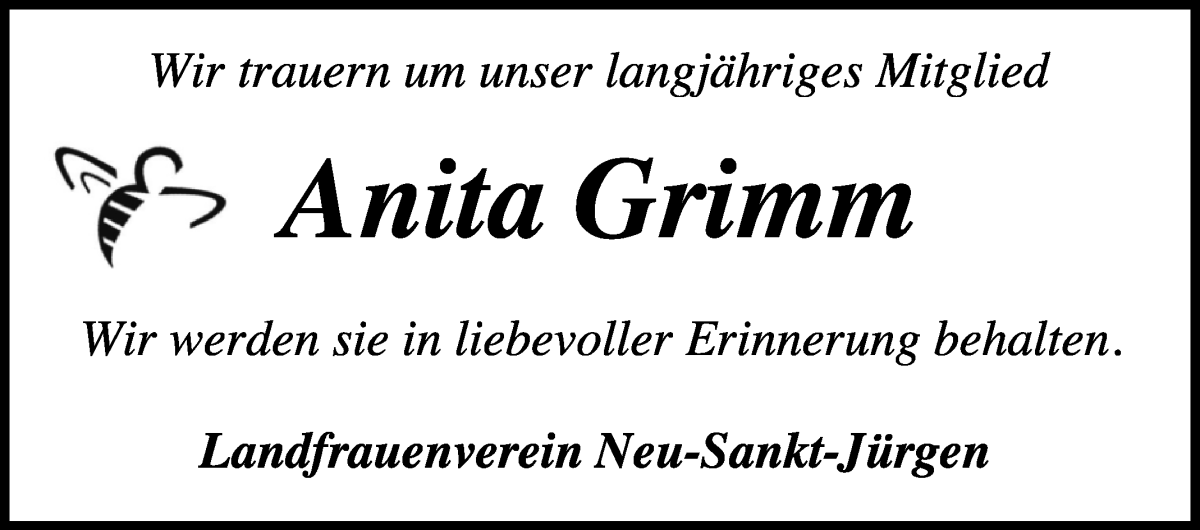 Traueranzeige von Anita Grimm von Wuemme Zeitung