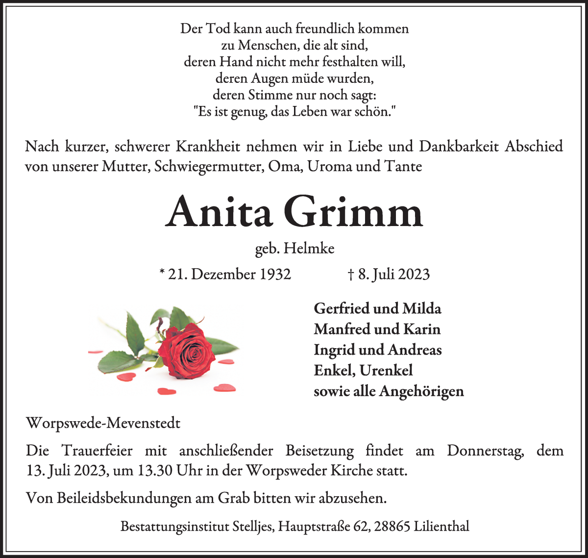 Traueranzeige von Anita Grimm von Wuemme Zeitung