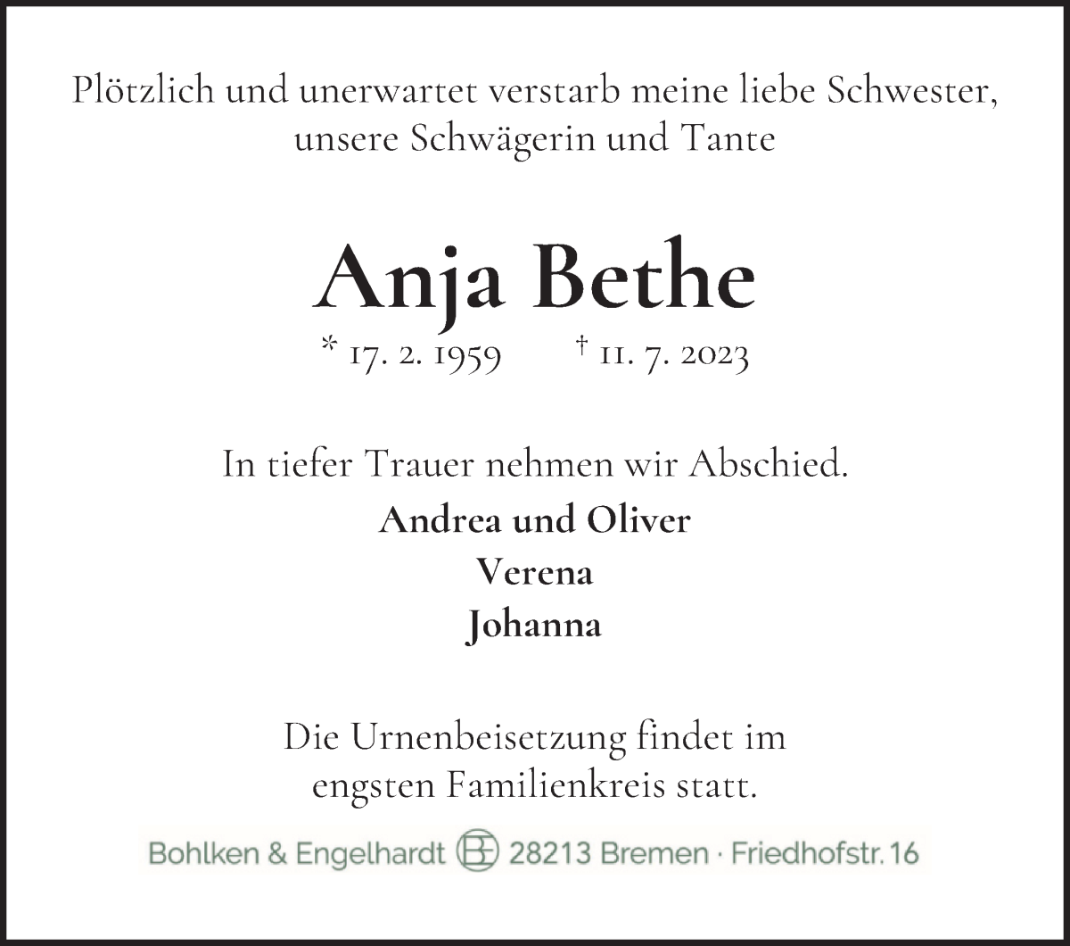 Traueranzeige von Anja Bethe von WESER-KURIER